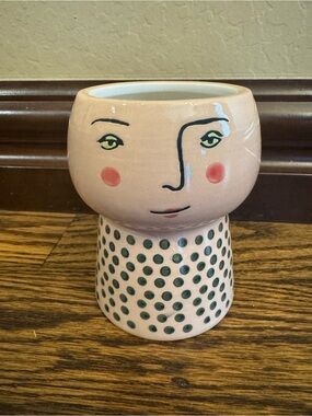 Opal House Face Stoneware Planter with Green Dots